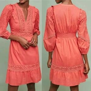 Anthropologie Akemi +‎ Kin Josephine Coral  Embroidered Dress Size Small